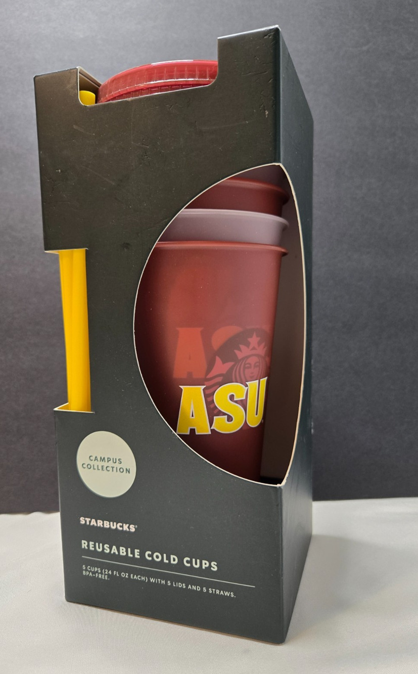 Starbucks ASU Arizona State Univ 5-Pack Reusable Cold Cups 240z 5 Lids 5 Straws